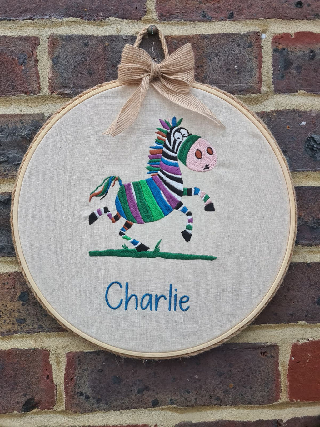 Playful Zebra - Personalised Zebra Embroidery Hoop Art – Custom Name Nursery Wall Decor – 9” Jungle Theme Baby Gift