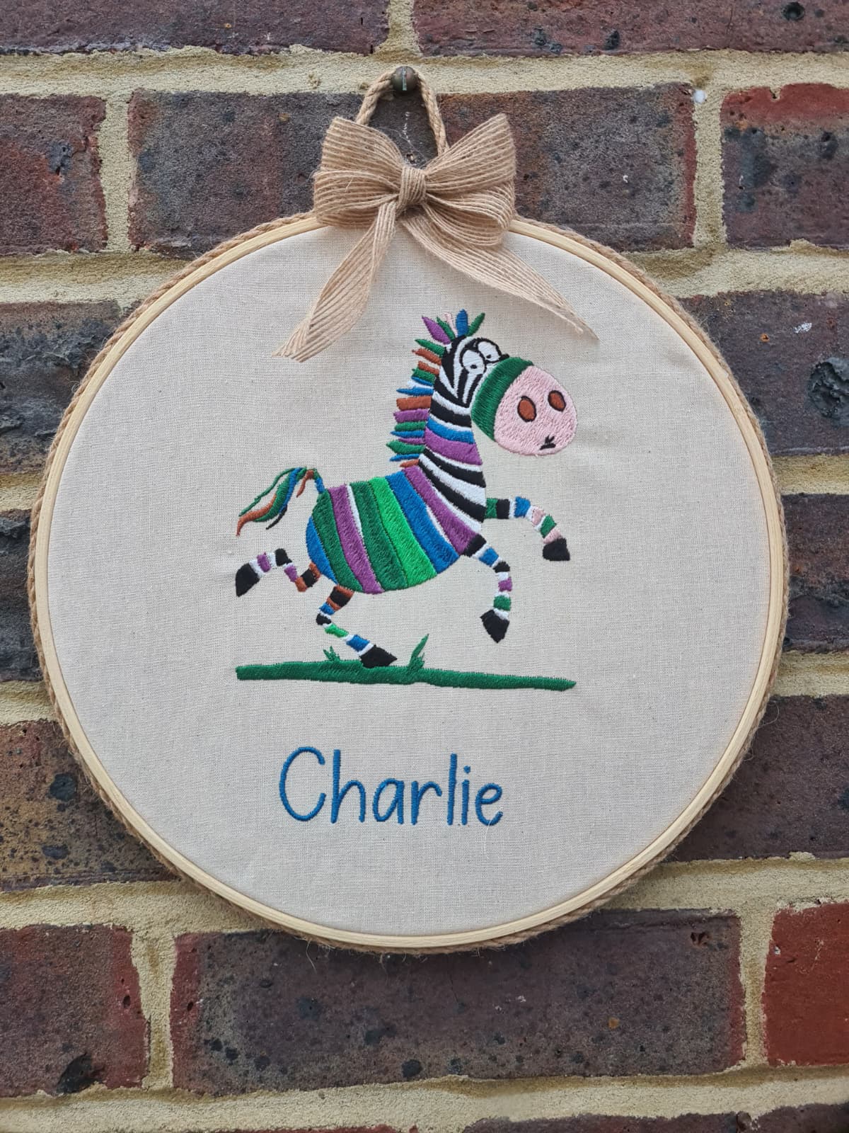 Playful Zebra - Personalised Zebra Embroidery Hoop Art – Custom Name Nursery Wall Decor – 9” Jungle Theme Baby Gift