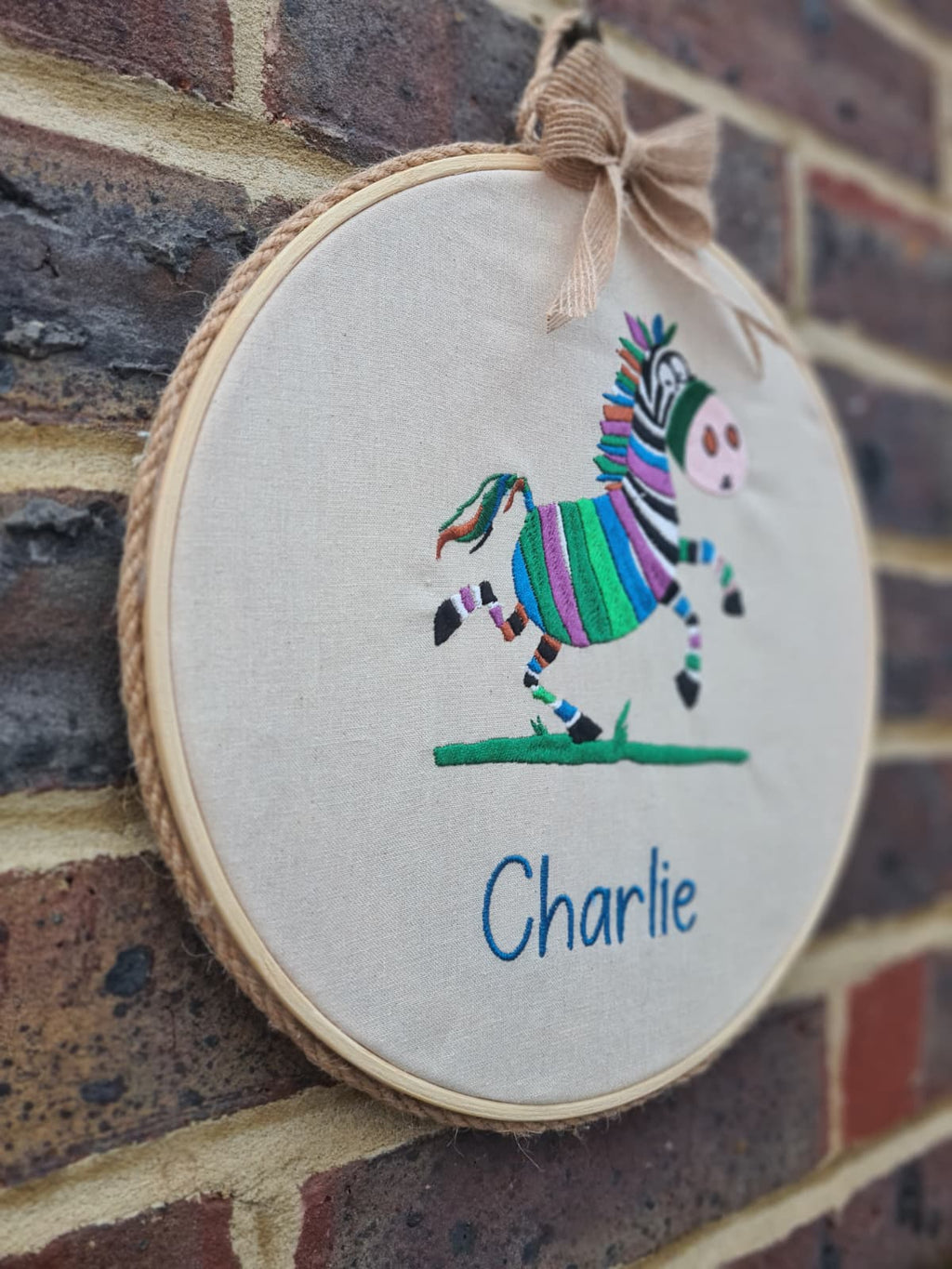 Playful Zebra - Personalised Zebra Embroidery Hoop Art – Custom Name Nursery Wall Decor – 9” Jungle Theme Baby Gift