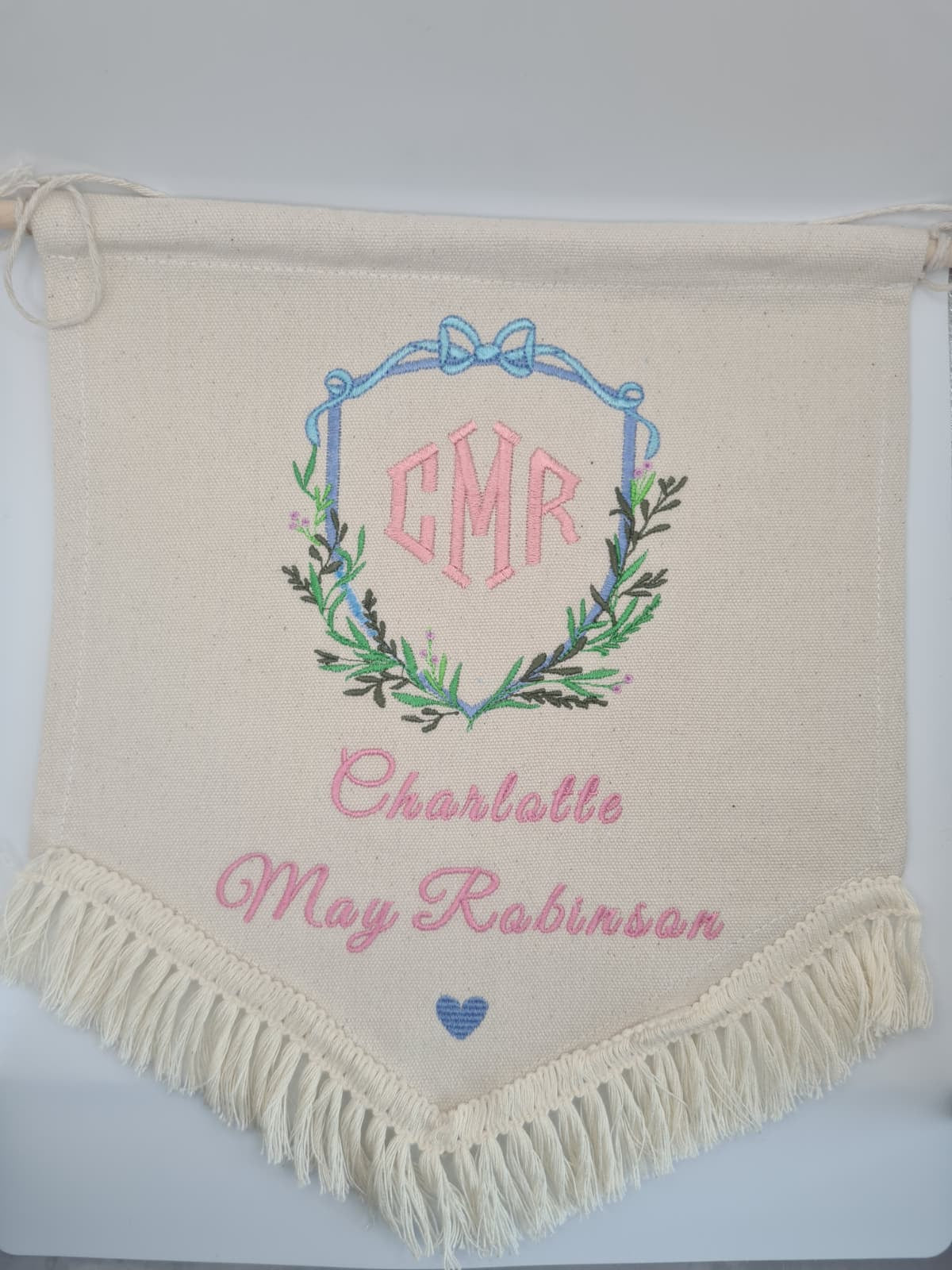 Bows & Branches Monogram Floral Double Crest Stitch Embroidery Baby Banner