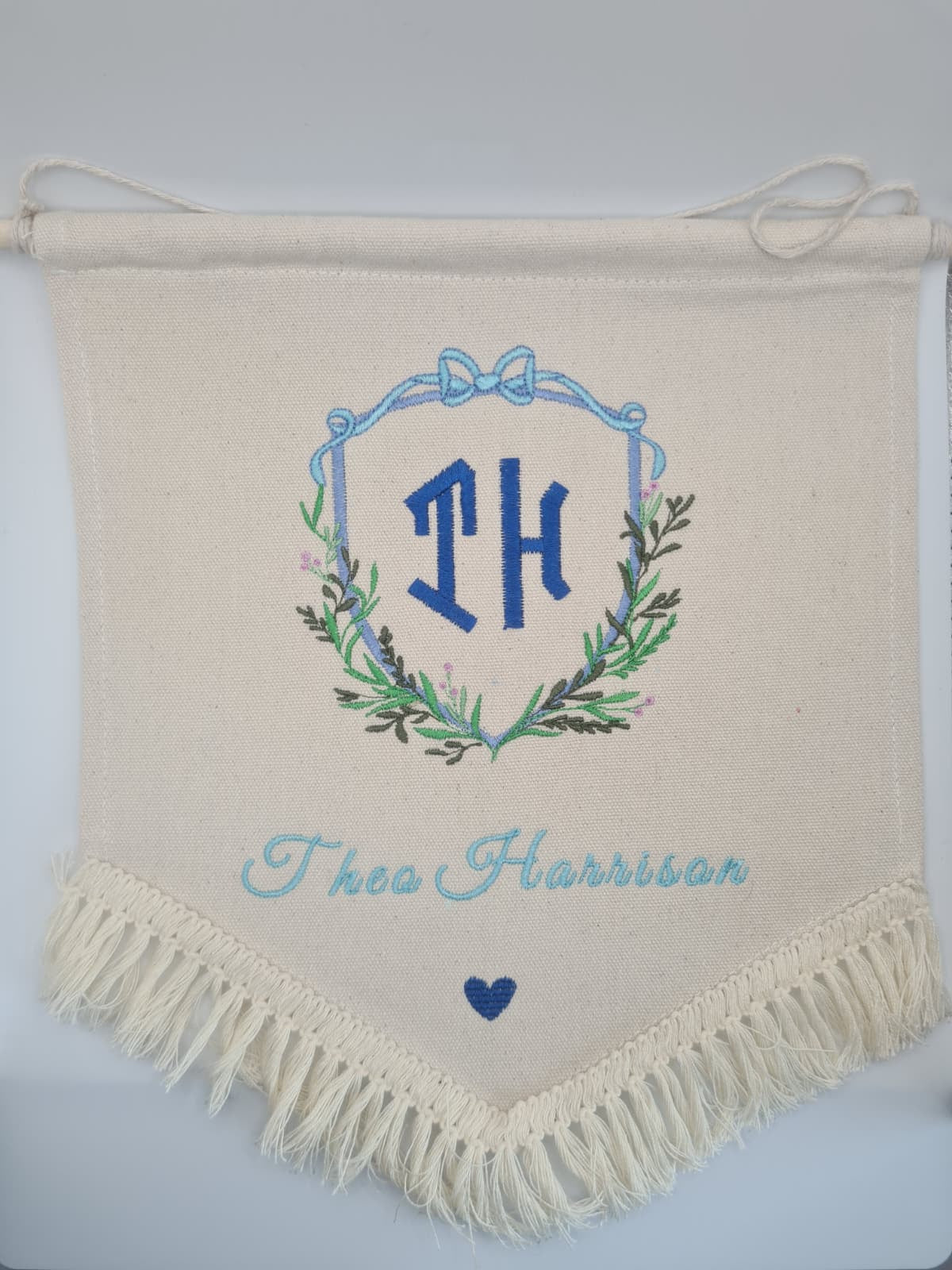 Bows & Branches Monogram Floral Double Crest Stitch Embroidery Baby Banner