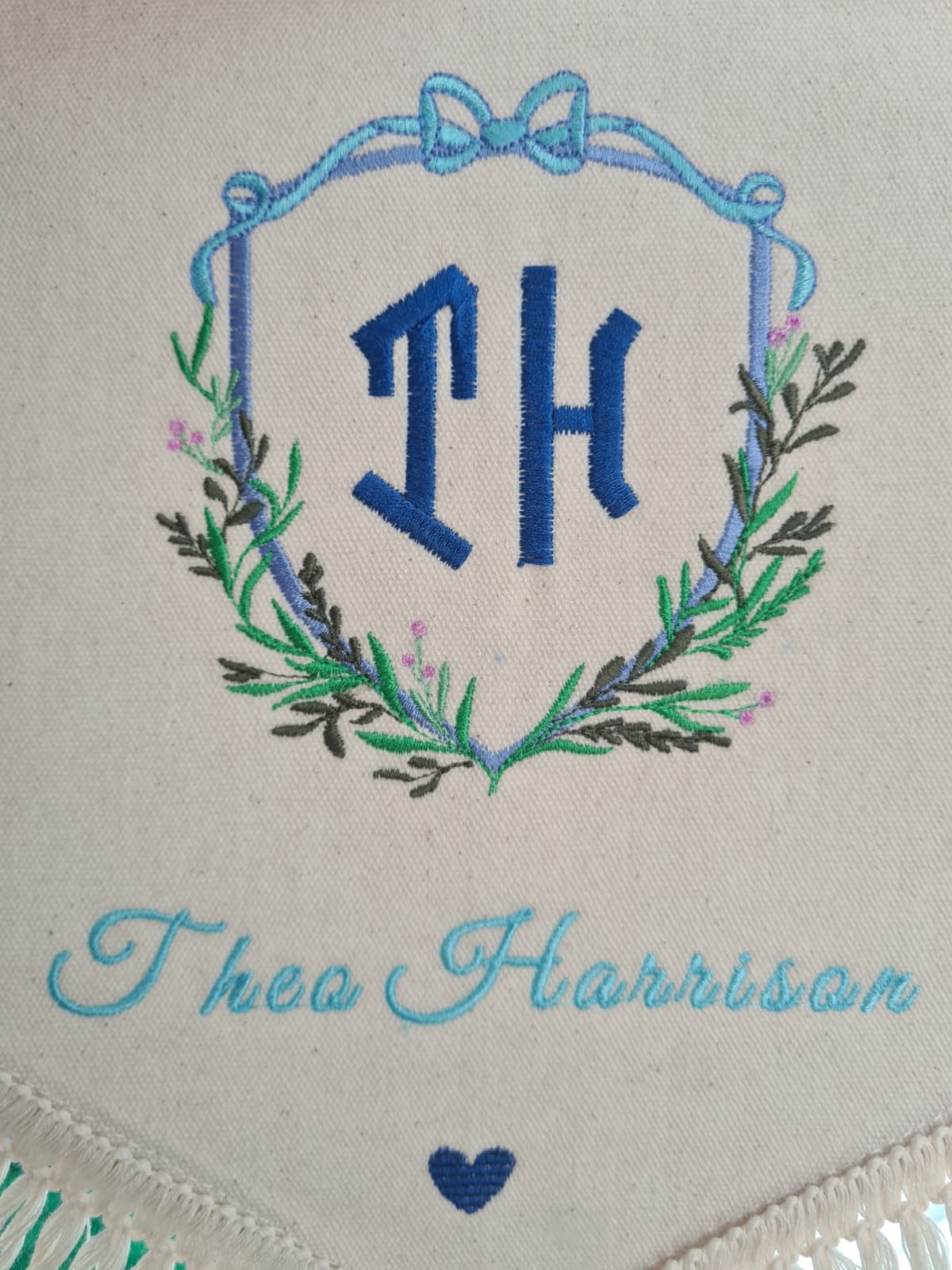 Bows & Branches Monogram Floral Double Crest Stitch Embroidery Baby Banner