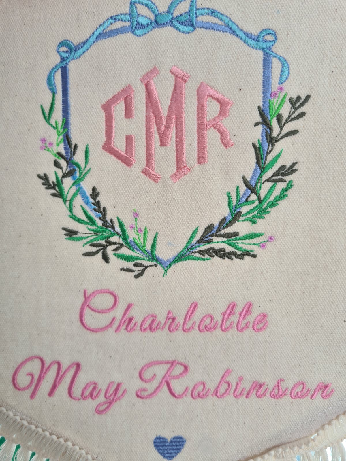 Bows & Branches Monogram Floral Double Crest Stitch Embroidery Baby Banner