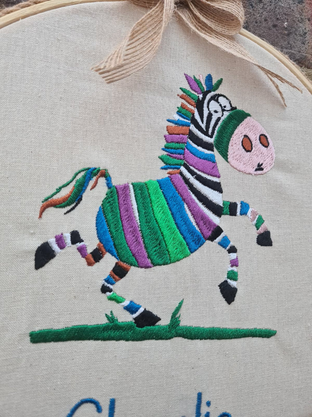 Playful Zebra - Personalised Zebra Embroidery Hoop Art – Custom Name Nursery Wall Decor – 9” Jungle Theme Baby Gift